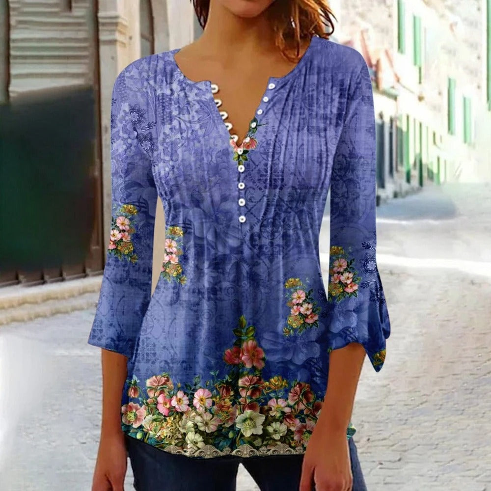 Dames T-shirt Zomer V-hals Knoopsluiting Kort