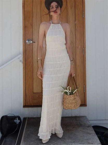 Elegante Maxi-Jurk met Open Rug en Halterhals