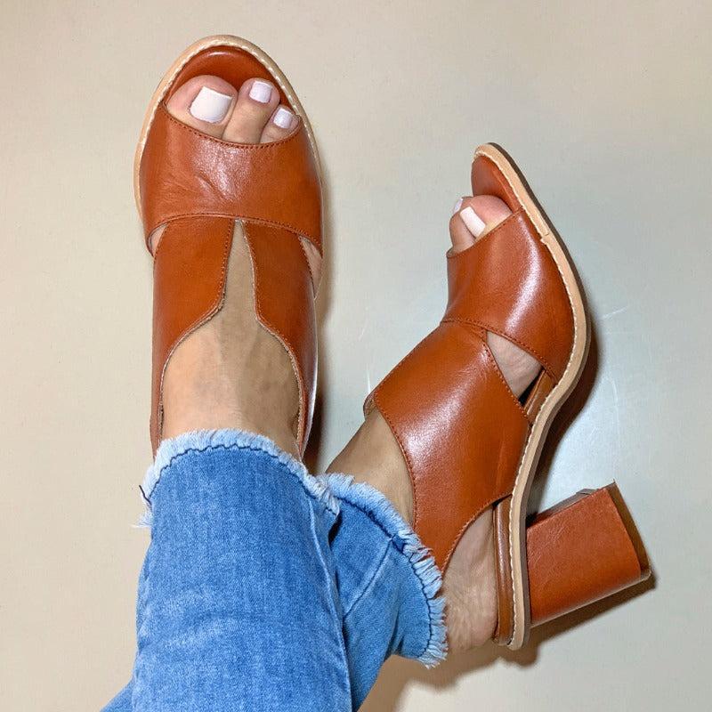 Dames Sandalen met Blokhak Open Teen Elegant Comfortabel Leer Bordeauxrood Zomerschoenen