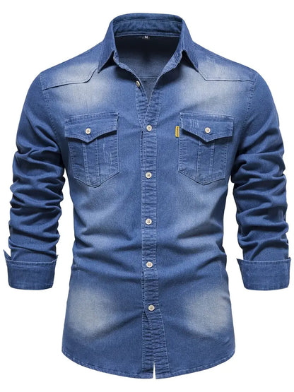Martin | Elastisch katoenen denim overhemd in de kleur Blauw voor heren in Heritage stijl geschikt voor alle seizoenen.