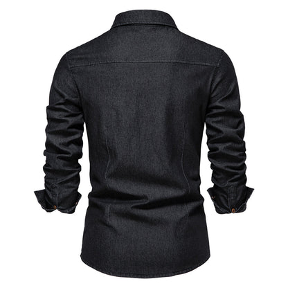 Martin | Elastisch katoenen denim overhemd in de kleur Zwart voor heren in Heritage stijl geschikt voor alle seizoenen.