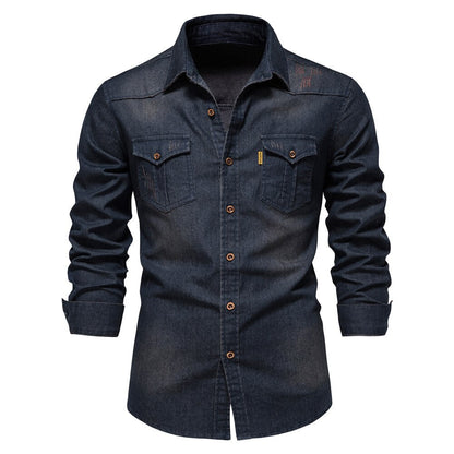 Martin | Elastisch katoenen denim overhemd in de kleur Marineblauw voor heren in Heritage stijl geschikt voor alle seizoenen.