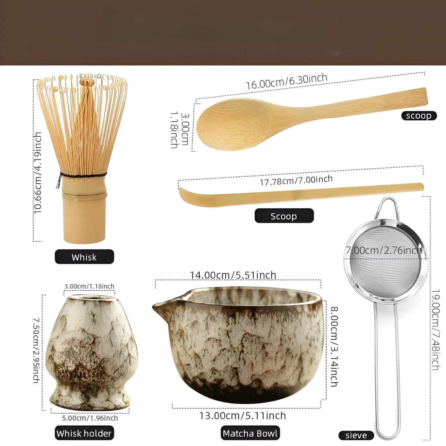 Japanse matcha theeset van keramiek met klopper, kom en accessoires voor traditionele theeceremonie