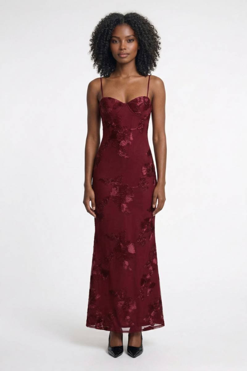 Maxi Jurk Dames - Elegant Bustier met Spaghetti Bandjes | Getailleerd - Bloemen Bordeaux