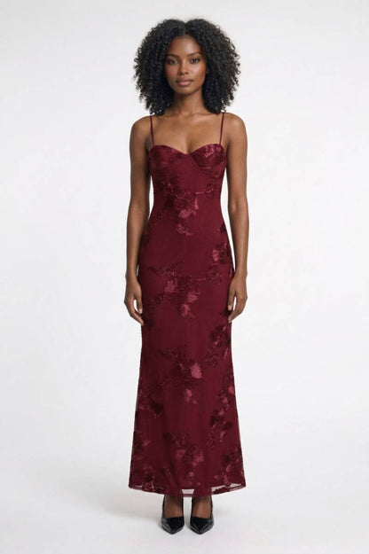 Maxi Jurk Dames - Elegant Bustier met Spaghetti Bandjes | Getailleerd - Bloemen Bordeaux