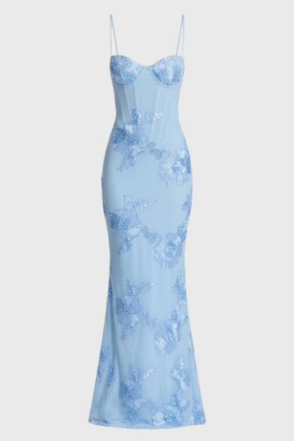 Maxi Jurk Dames - Elegant Bustier met Spaghetti Bandjes | Getailleerd - Bloemen Lichtblauw