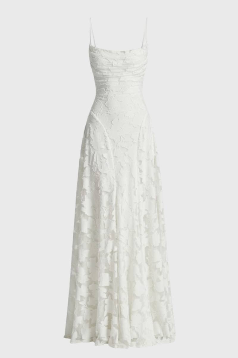 Maxi Jurk Dames - Elegant met Dunne Bandjes | Getextuurde Stof — Wit