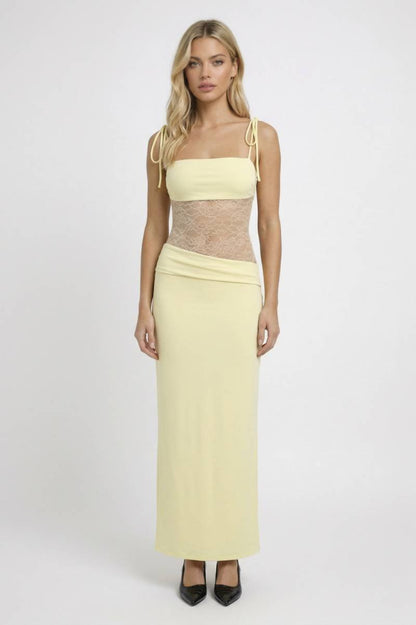 Maxi Jurk Dames - Elegant met Kanten Detail | Strikbandjes - Geel