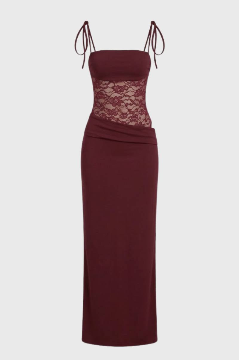 Maxi Jurk Dames - Elegant met Kanten Detail | Strikbandjes - Bordeaux