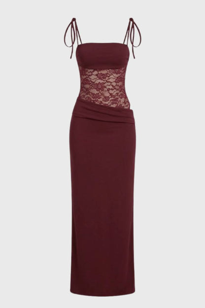 Maxi Jurk Dames - Elegant met Kanten Detail | Strikbandjes - Bordeaux
