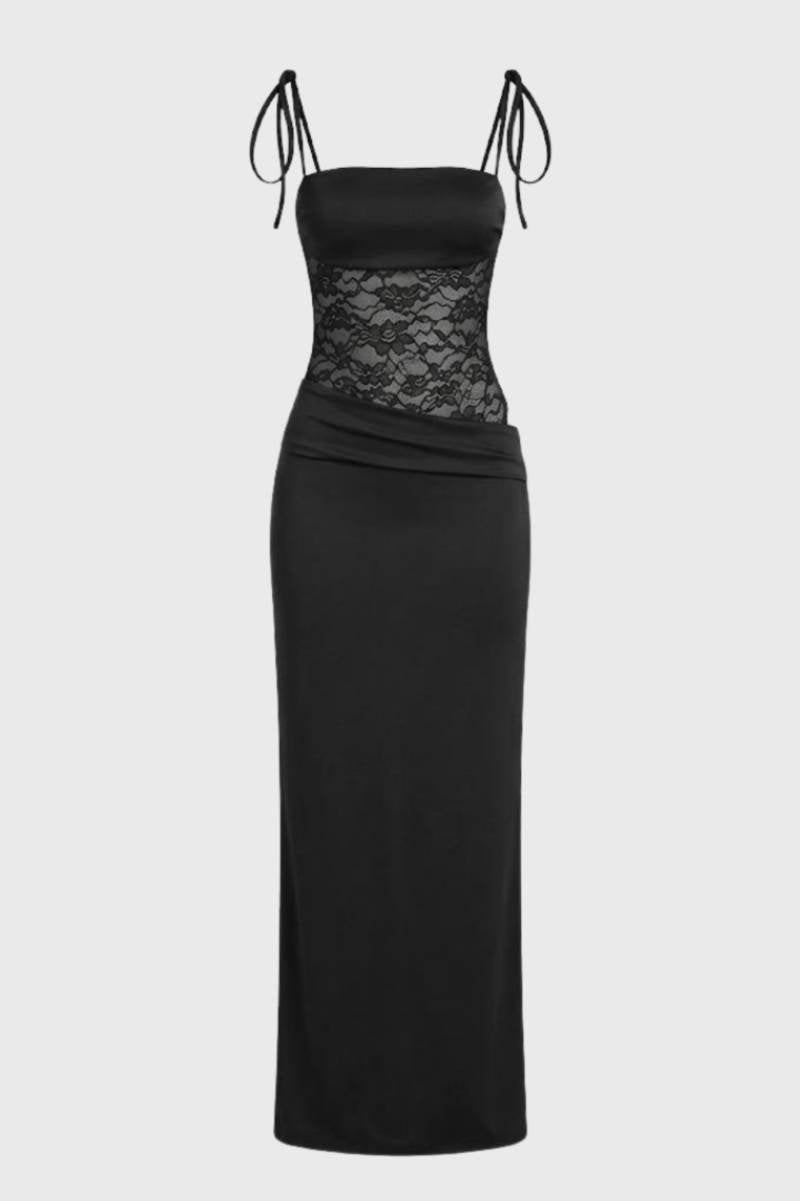 Maxi Jurk Dames - Elegant met Kanten Detail | Strikbandjes - Zwart