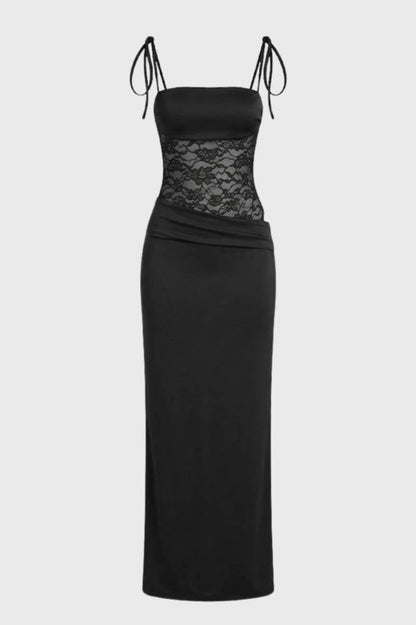 Maxi Jurk Dames - Elegant met Kanten Detail | Strikbandjes - Zwart