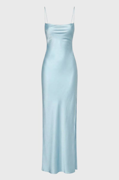Maxi Jurk Dames - Elegant met Spaghettibandjes | Glanzende Finish - Lichtblauw