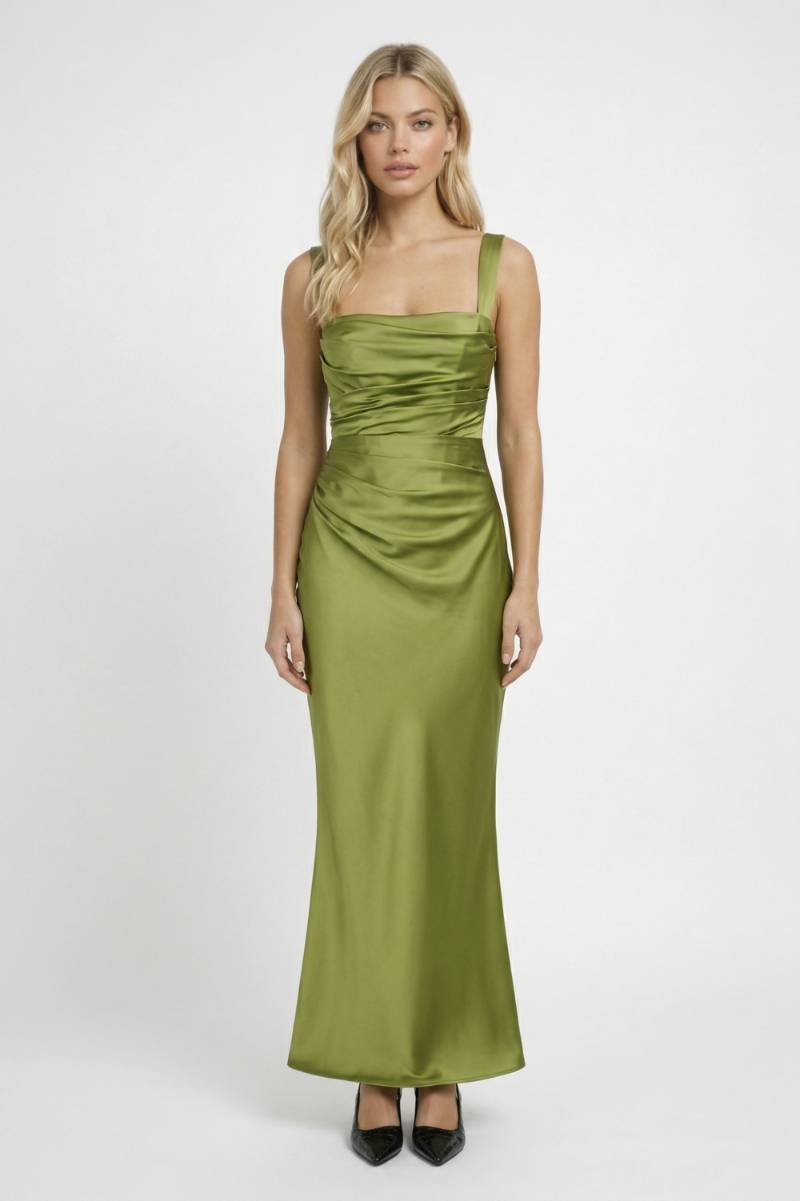Maxi Jurk Dames - Getailleerd met Draperiedetail | Chique - Olijfgroen