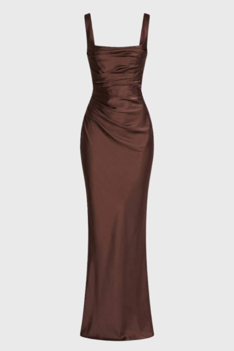 Maxi Jurk Dames - Getailleerd met Draperiedetail | Chique - Chocolade