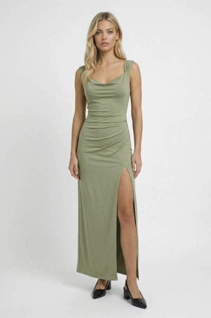 Maxi Jurk Dames - Getailleerd met Split | Elegante V-Hals - Olijfgroen