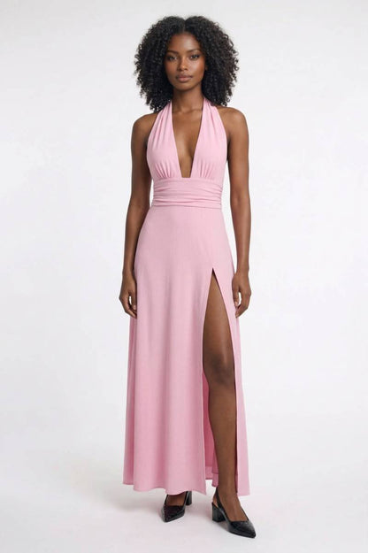 Maxi Jurk Dames - Halter met Diepe V-hals | Elegante Split - Lichtroze