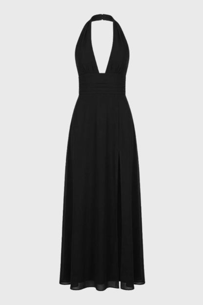 Maxi Jurk Dames - Halter met Diepe V-hals | Elegante Split - Zwart
