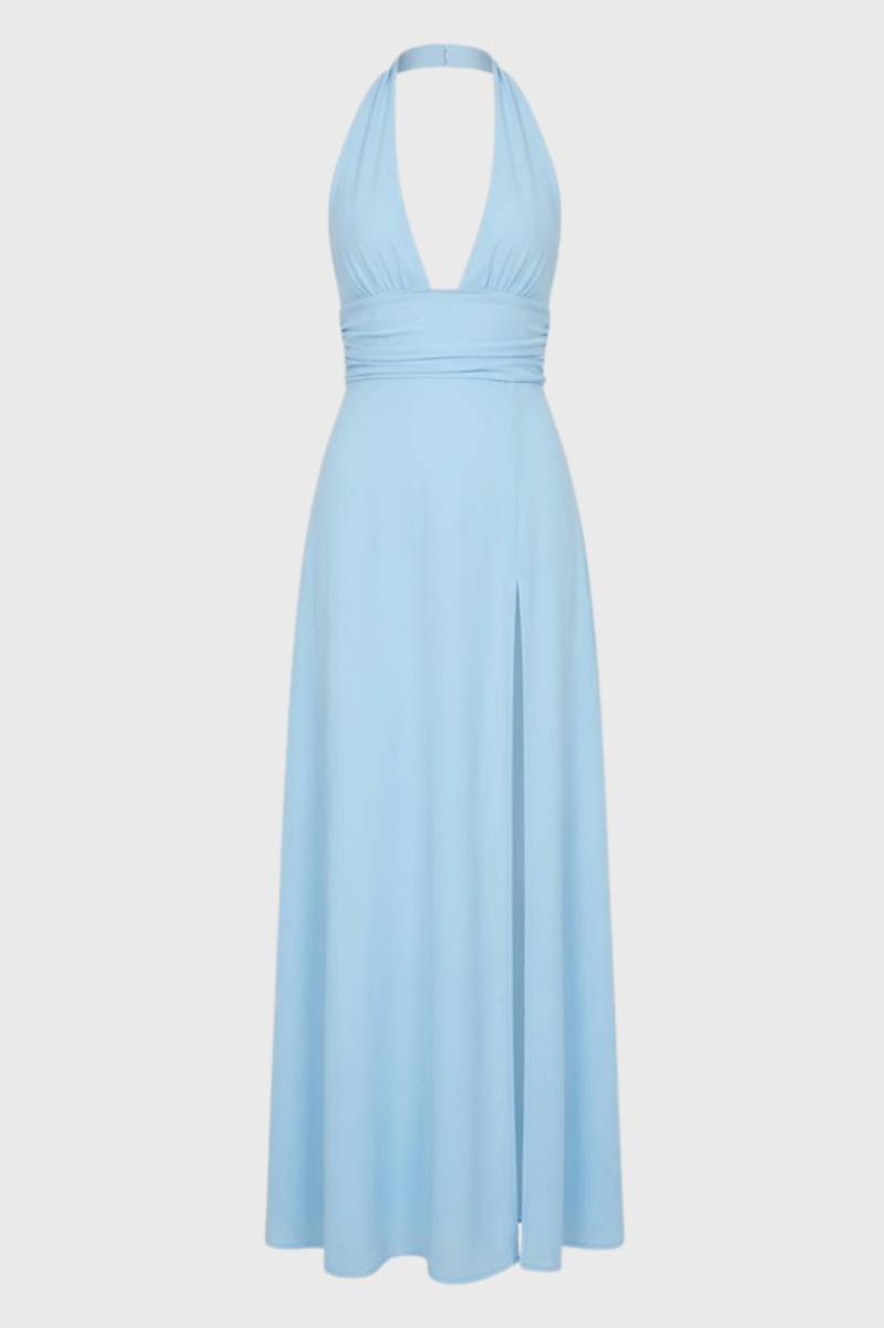 Maxi Jurk Dames - Halter met Diepe V-hals | Elegante Split - Lichtblauw