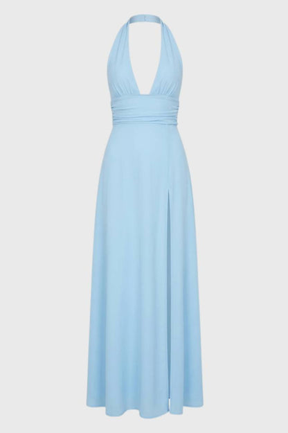 Maxi Jurk Dames - Halter met Diepe V-hals | Elegante Split - Lichtblauw