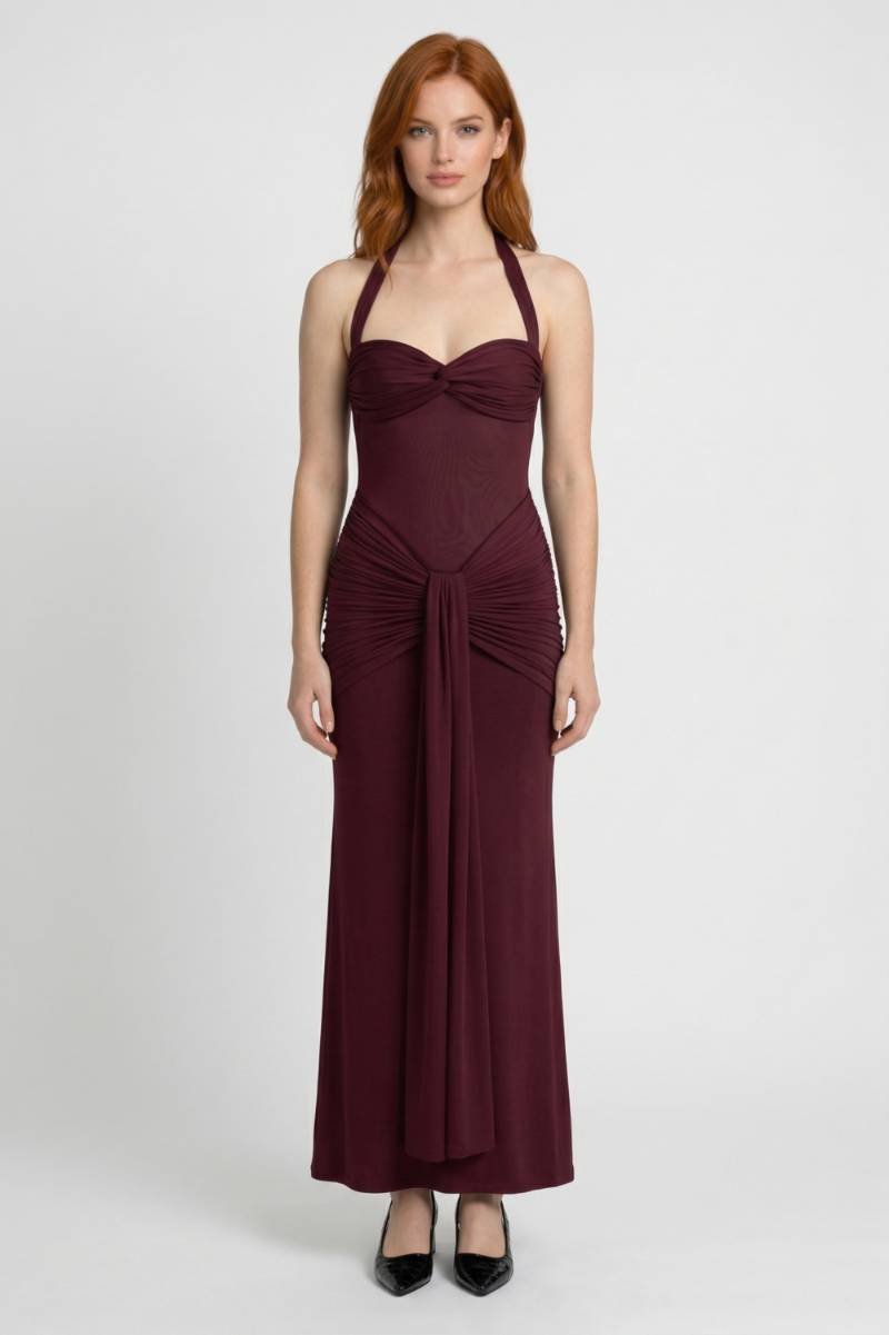 Maxi Jurk Dames - Halter met Drapering | Getailleerde Fit - Bordeaux