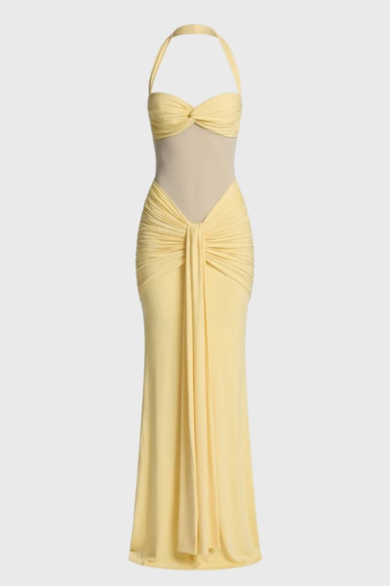 Maxi Jurk Dames - Halter met Drapering | Getailleerde Fit - Geel