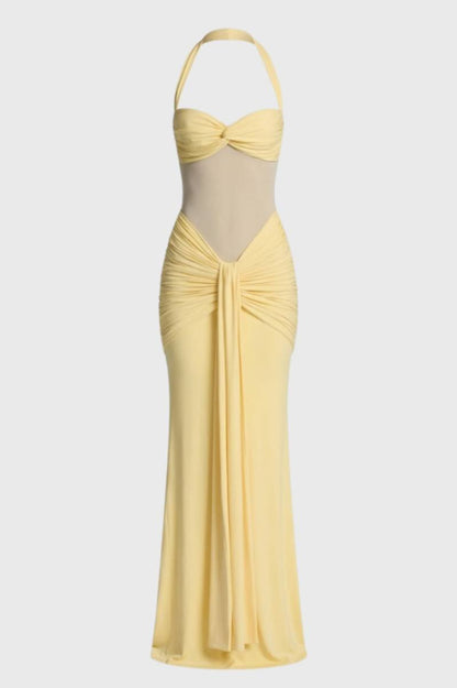 Maxi Jurk Dames - Halter met Drapering | Getailleerde Fit - Geel