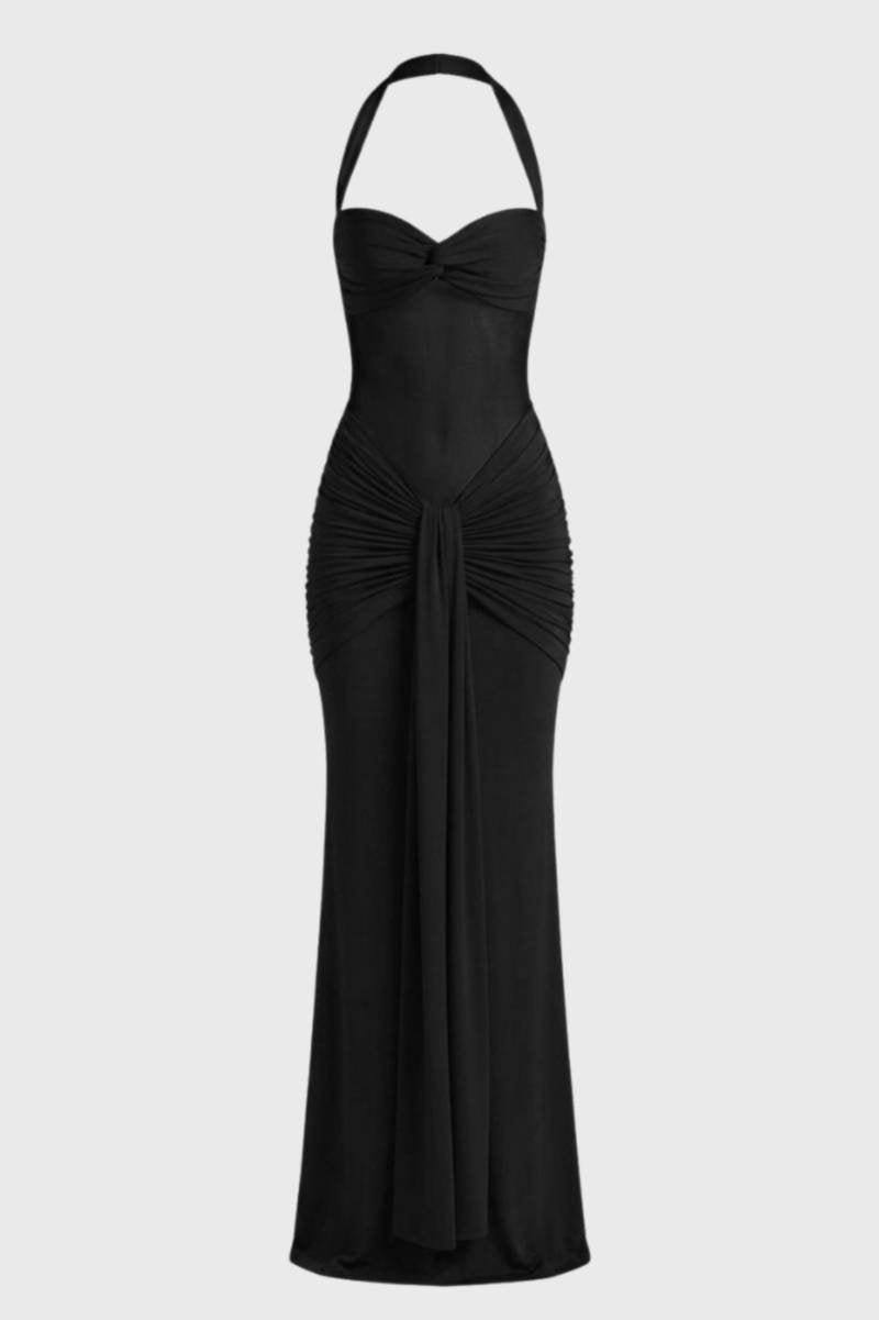 Maxi Jurk Dames - Halter met Drapering | Getailleerde Fit - Zwart