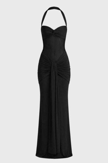 Maxi Jurk Dames - Halter met Drapering | Getailleerde Fit - Zwart