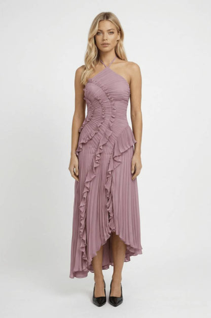 Maxi Jurk Dames - Halter met Ruches | Asymmetrische Zoom - Lichtroze