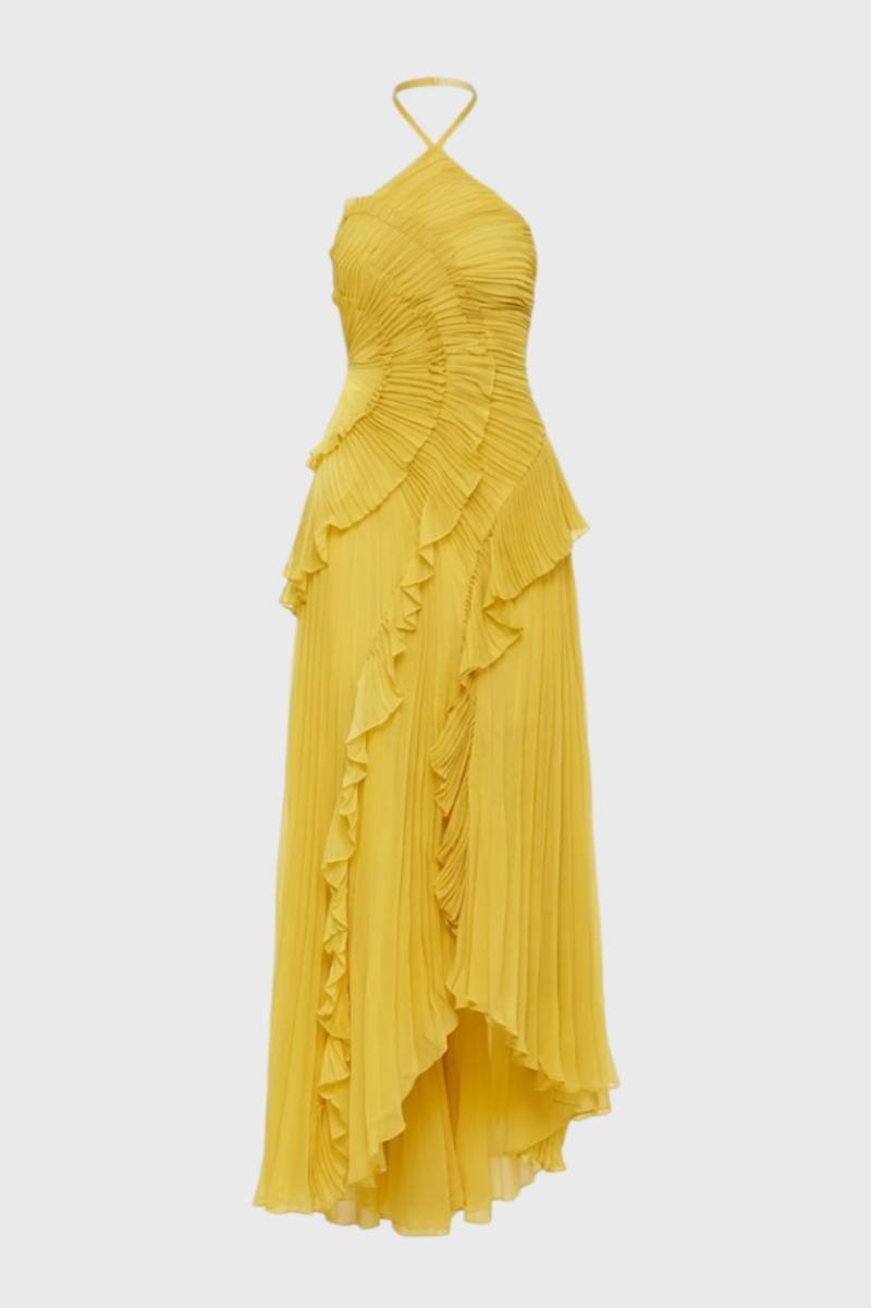 Maxi Jurk Dames - Halter met Ruches | Asymmetrische Zoom - Geel