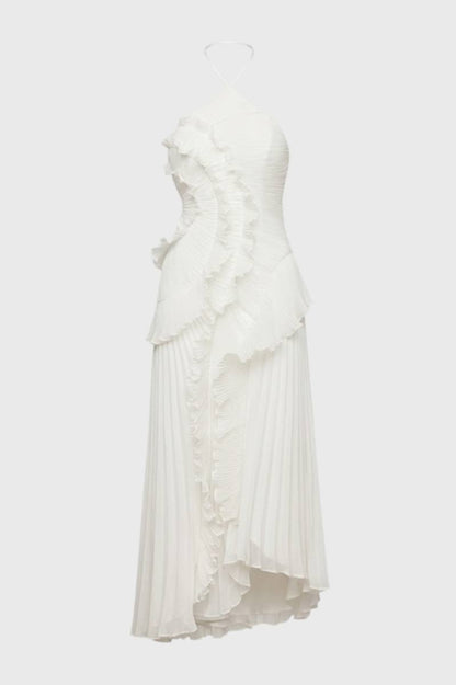 Maxi Jurk Dames - Halter met Ruches | Asymmetrische Zoom - Wit
