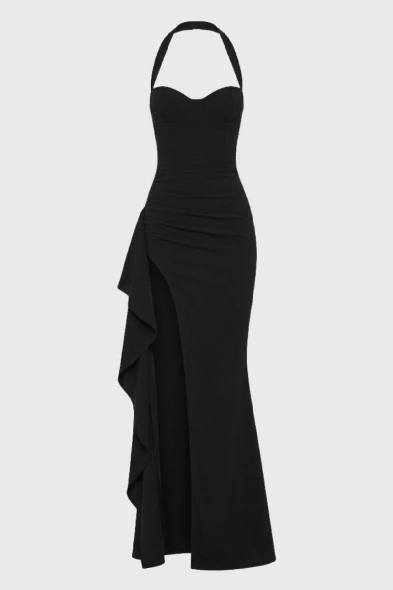 Maxi Jurk Dames - Halter met Split | Getailleerde Pasvorm - Zwart
