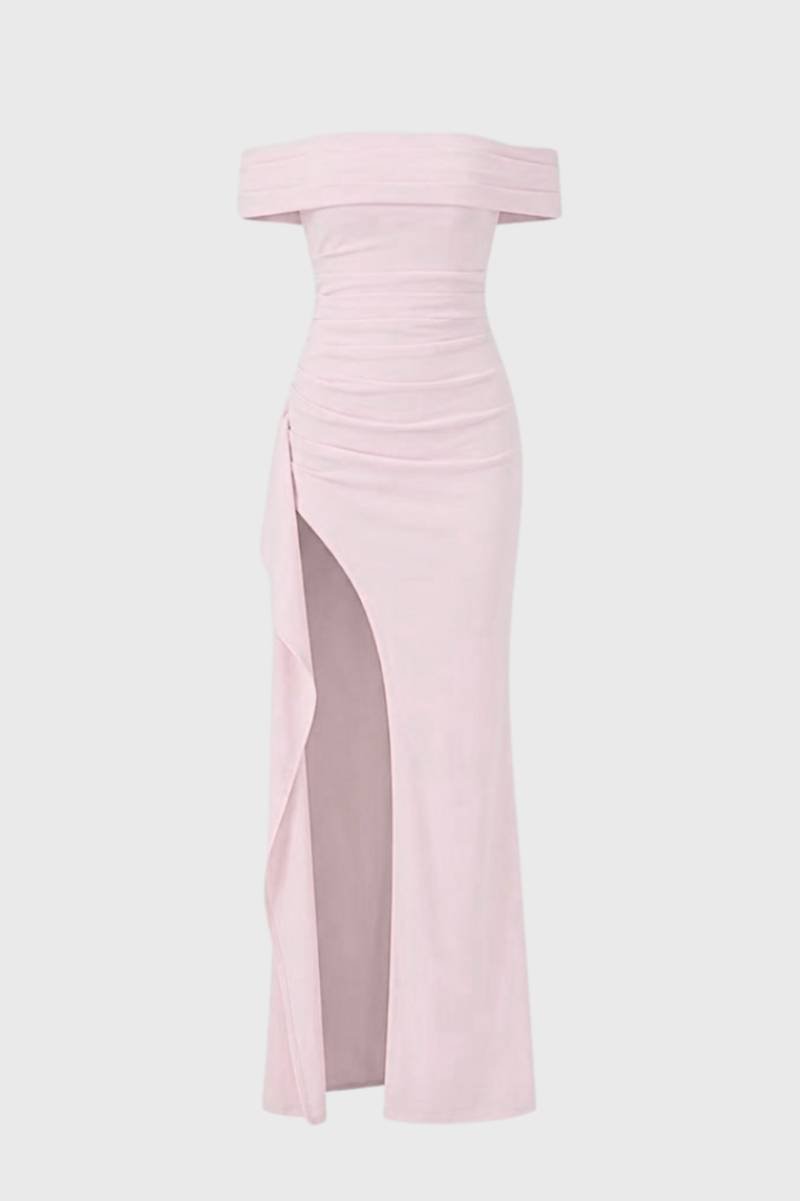 Maxi Jurk Dames - Off Shoulder met Split | Getailleerd - Lichtroze