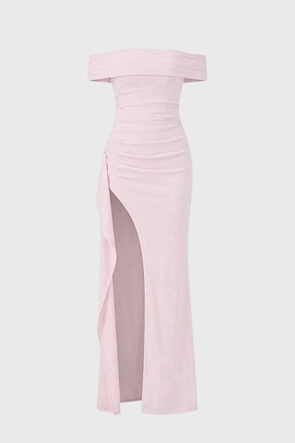 Maxi Jurk Dames - Off Shoulder met Split | Getailleerd - Lichtroze