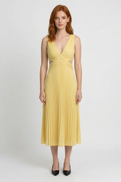 Maxi Jurk Dames - Plissé V-hals met Cut-Out Details | Elegant - Geel