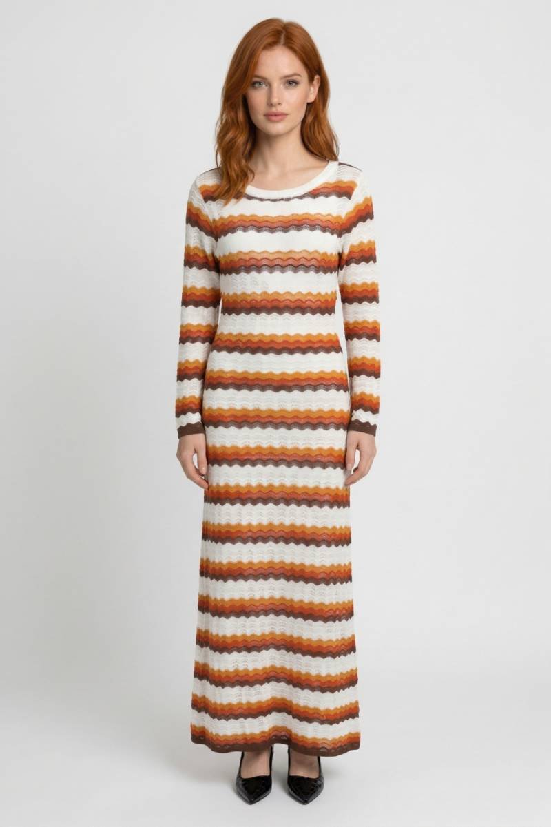Maxi Jurk Dames - Retro met Zigzag Patroon | Lange Mouwen — Gestreept Oranje