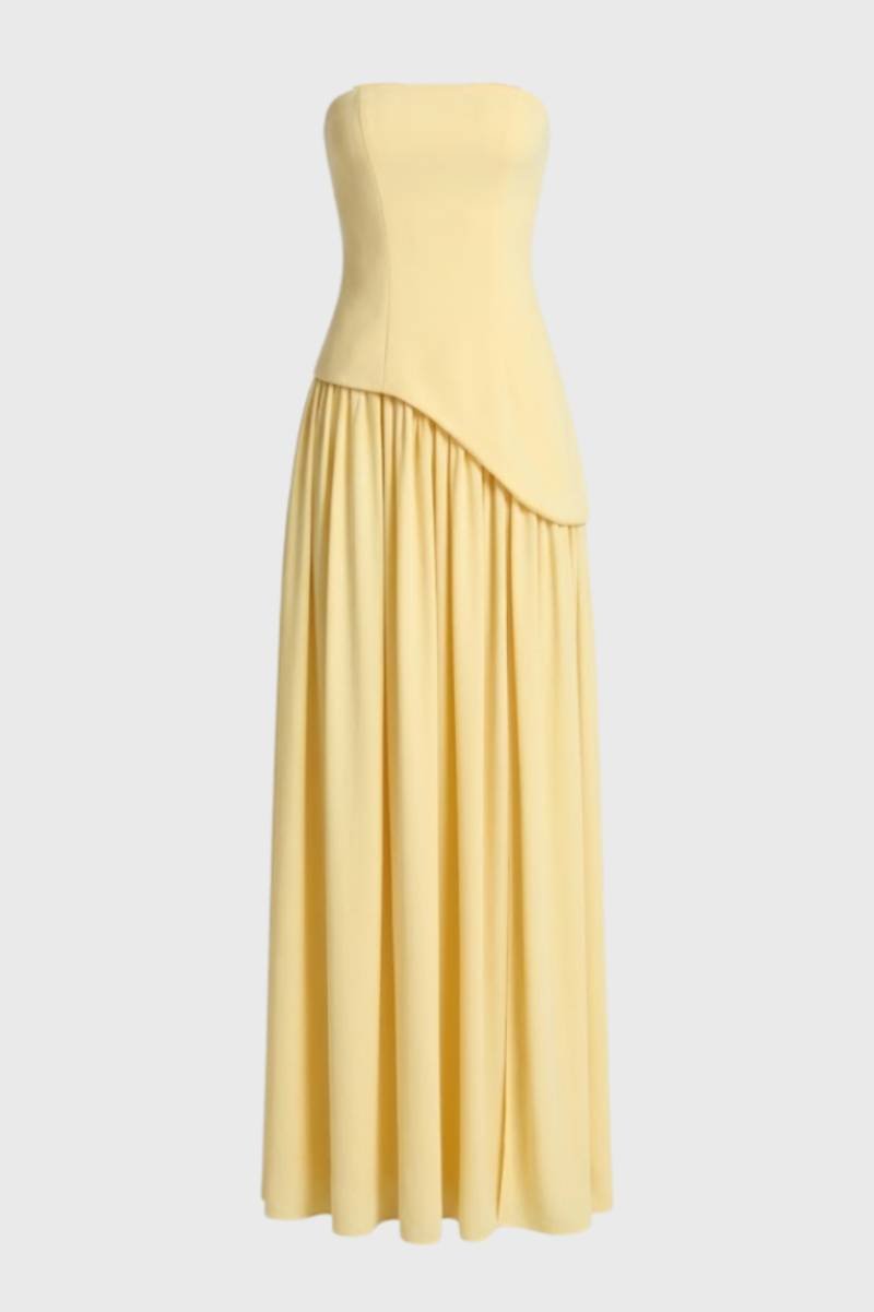 Maxi Jurk Dames - Strapless met Asymmetrisch Detail | Elegant - Geel