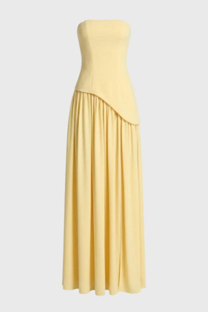 Maxi Jurk Dames - Strapless met Asymmetrisch Detail | Elegant - Geel