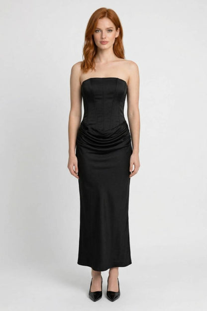 Maxi Jurk Dames - Strapless met Gerimpelde Taille | Elegant - Zwart