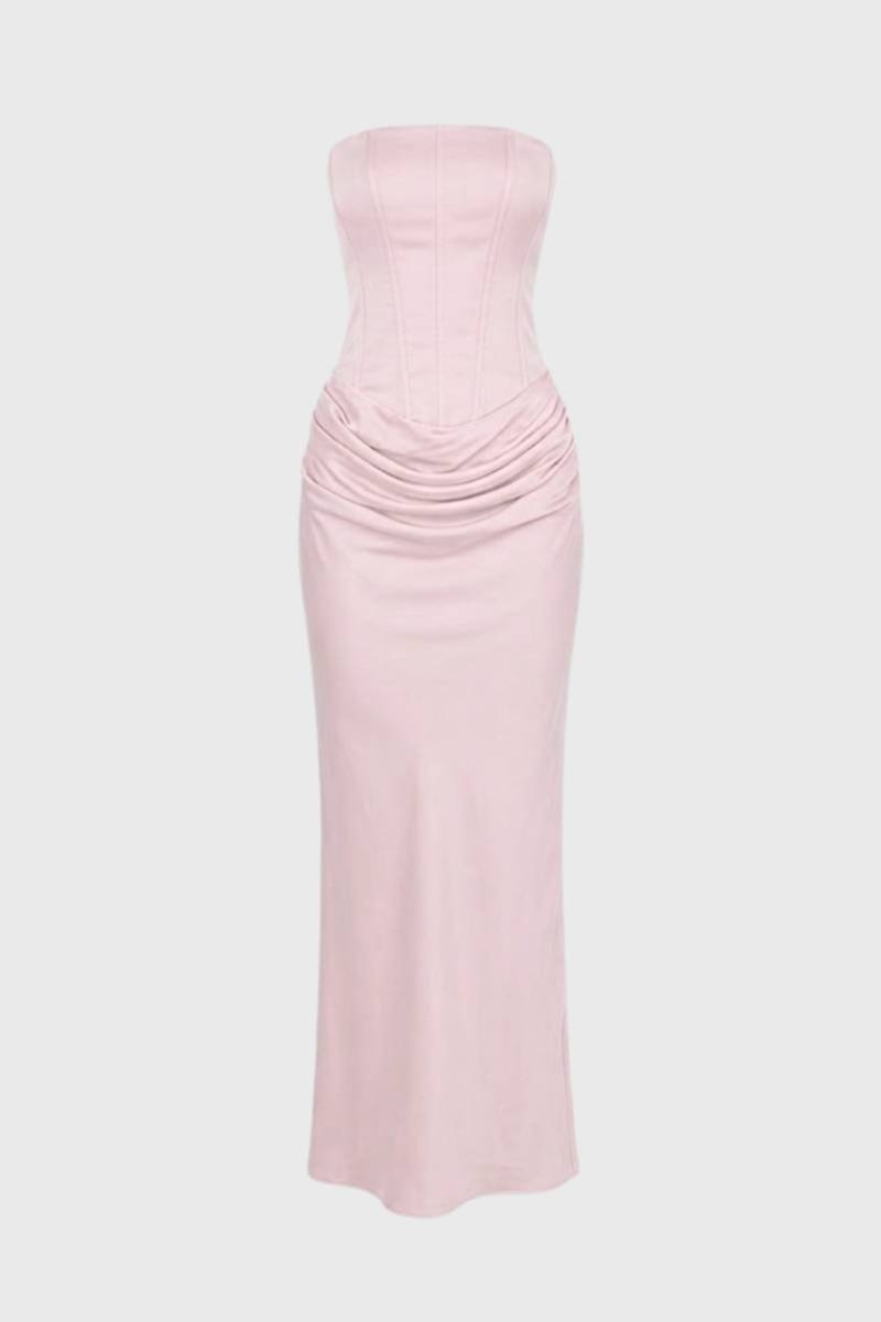 Maxi Jurk Dames - Strapless met Gerimpelde Taille | Elegant - Lichtroze