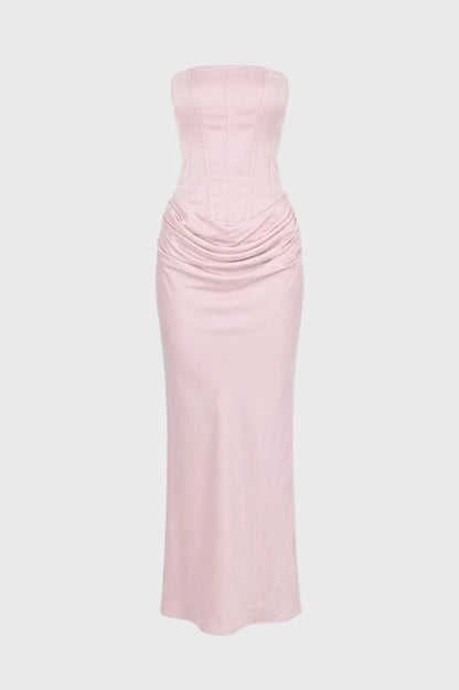 Maxi Jurk Dames - Strapless met Gerimpelde Taille | Elegant - Lichtroze