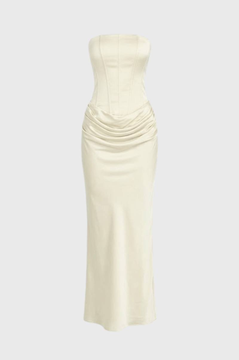 Maxi Jurk Dames - Strapless met Gerimpelde Taille | Elegant - Crème