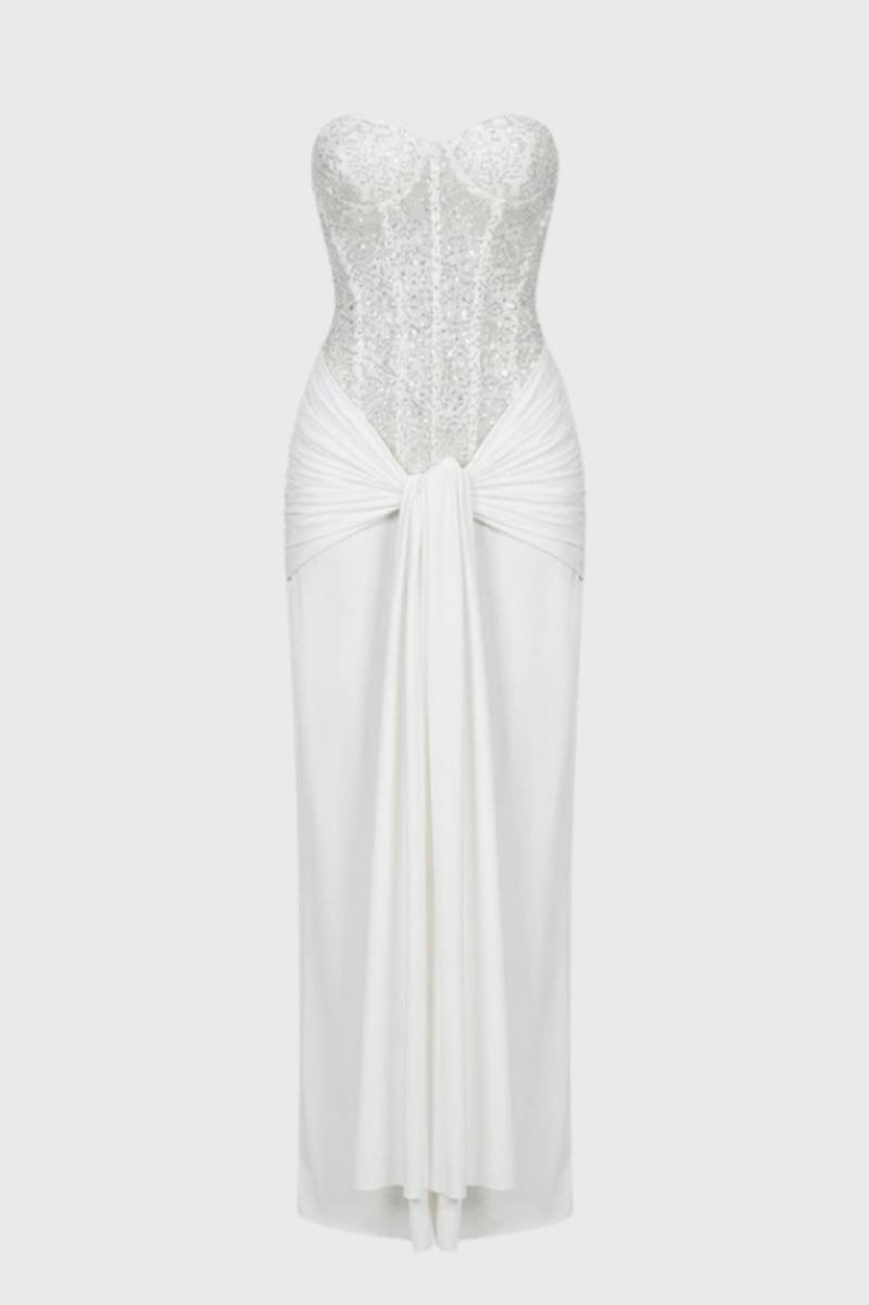 Dames Maxi Jurk Strapless met Glitter en Ceintuur - StudioMarella