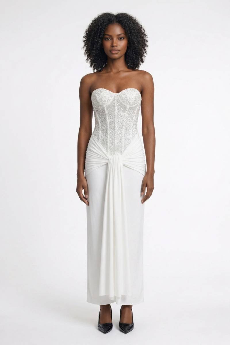 Maxi Jurk Dames - Strapless met Pailletten | Ceintuur Detail - Wit
