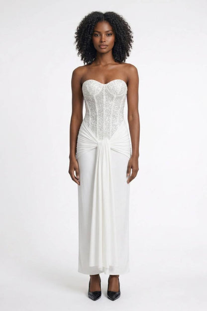 Maxi Jurk Dames - Strapless met Pailletten | Ceintuur Detail - Wit