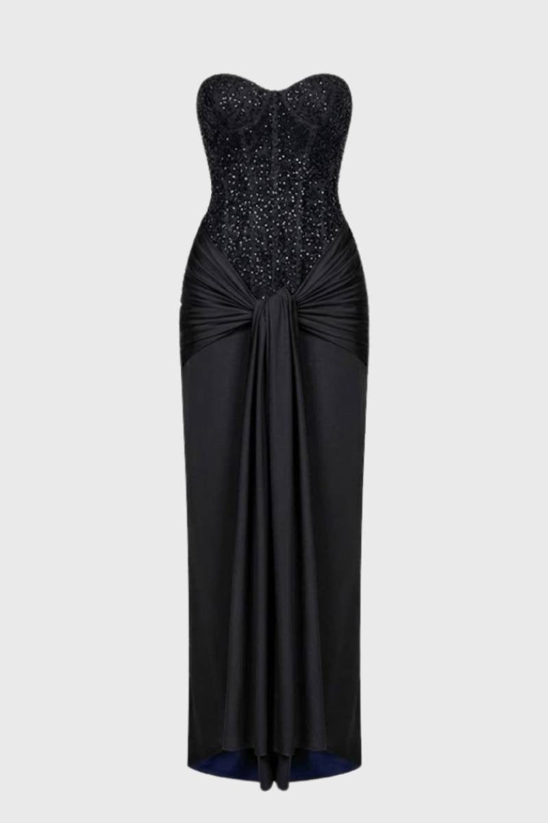 Maxi Jurk Dames - Strapless met Pailletten | Ceintuur Detail - Zwart