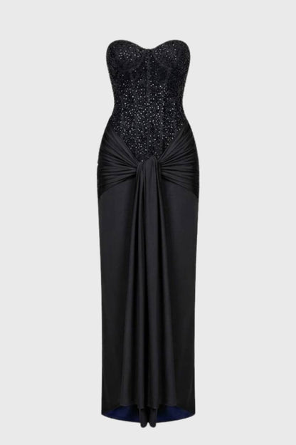 Maxi Jurk Dames - Strapless met Pailletten | Ceintuur Detail - Zwart
