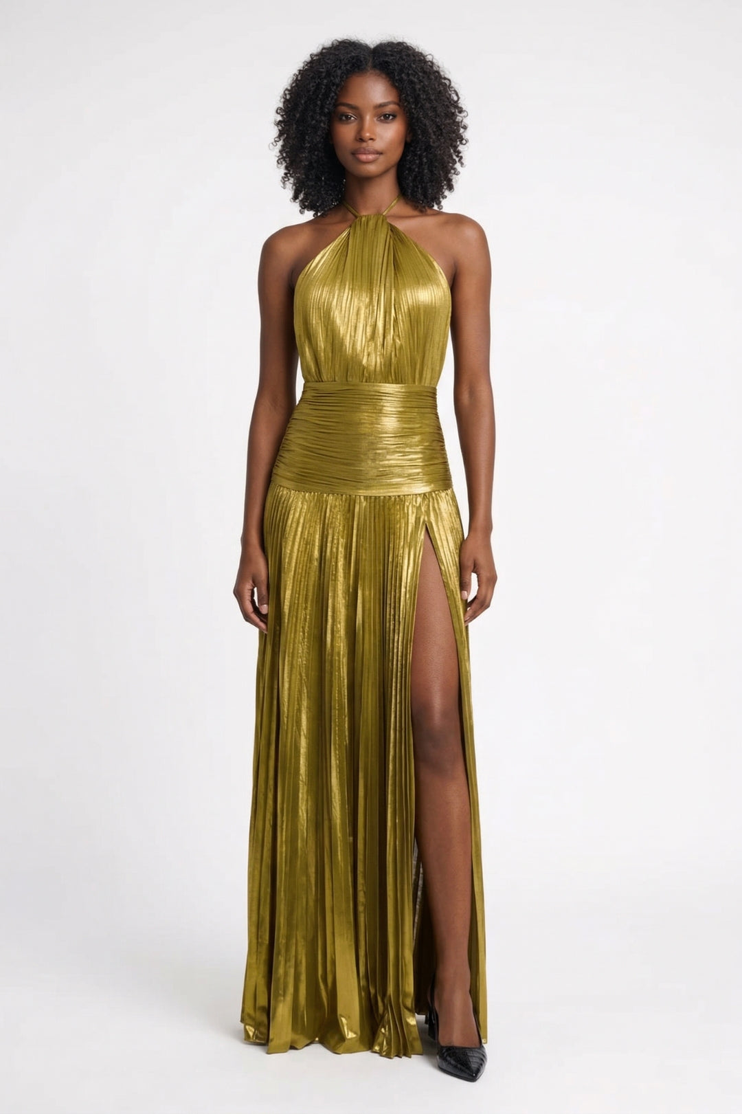 Maxi Jurk Dames Metallic Plissé Elegant met Split