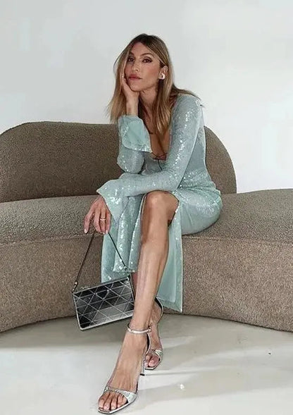 Mintgroene Jurk Lange Mouwen Glitter Dameskleding